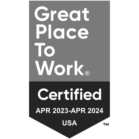 Black and white version of the Great Place to Work Certified April 2023 - April 2024, USA badge