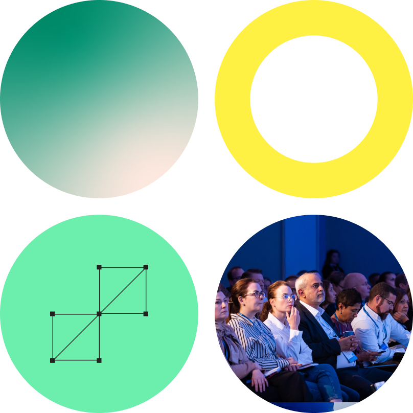 Misc circle graphics in trustweek branding with one photo of keynote crowd at trustweek